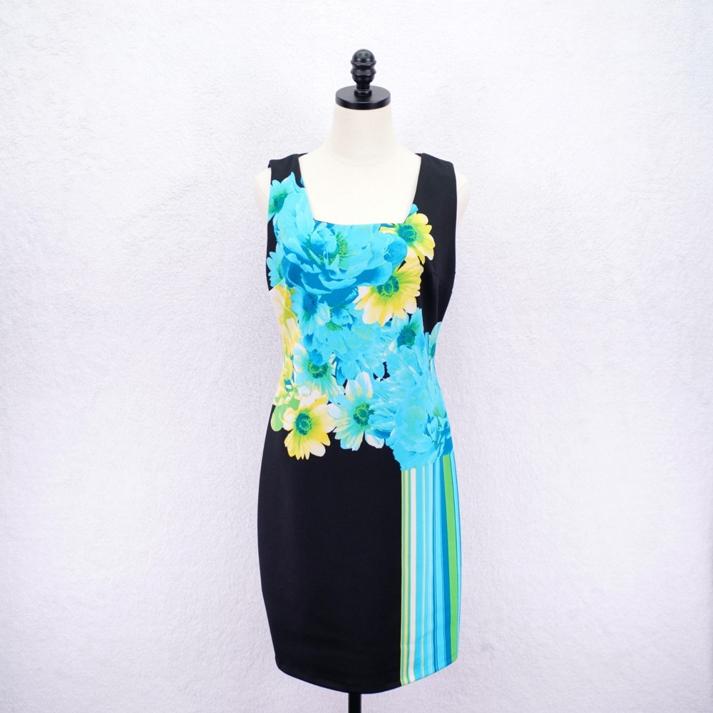 Worthington Stretch Medium Teal Black‎ Green Floral Boat Neck Fit & Flair Dress